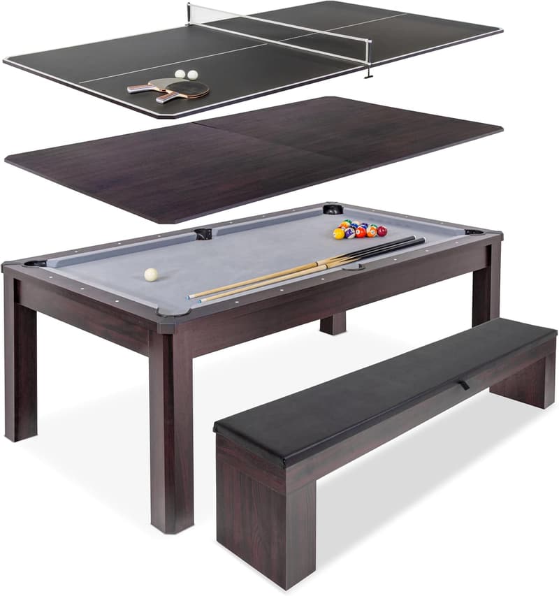 7ft 3-in-1 Pool, Dining & Table Tennis Combo with Benches