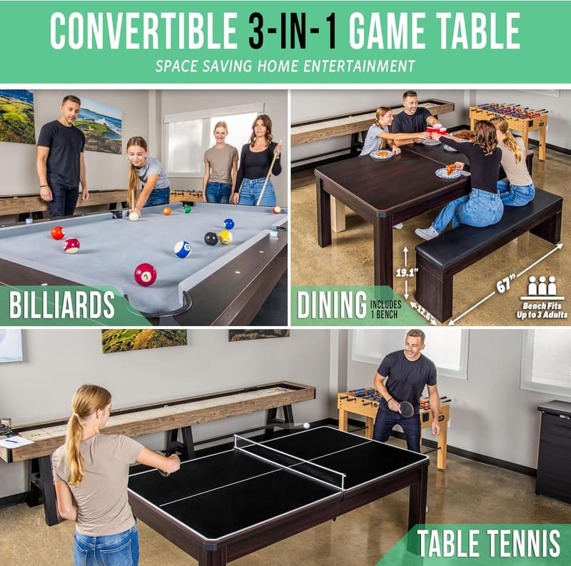 7ft 3-in-1 Pool, Dining & Table Tennis Combo with Benches