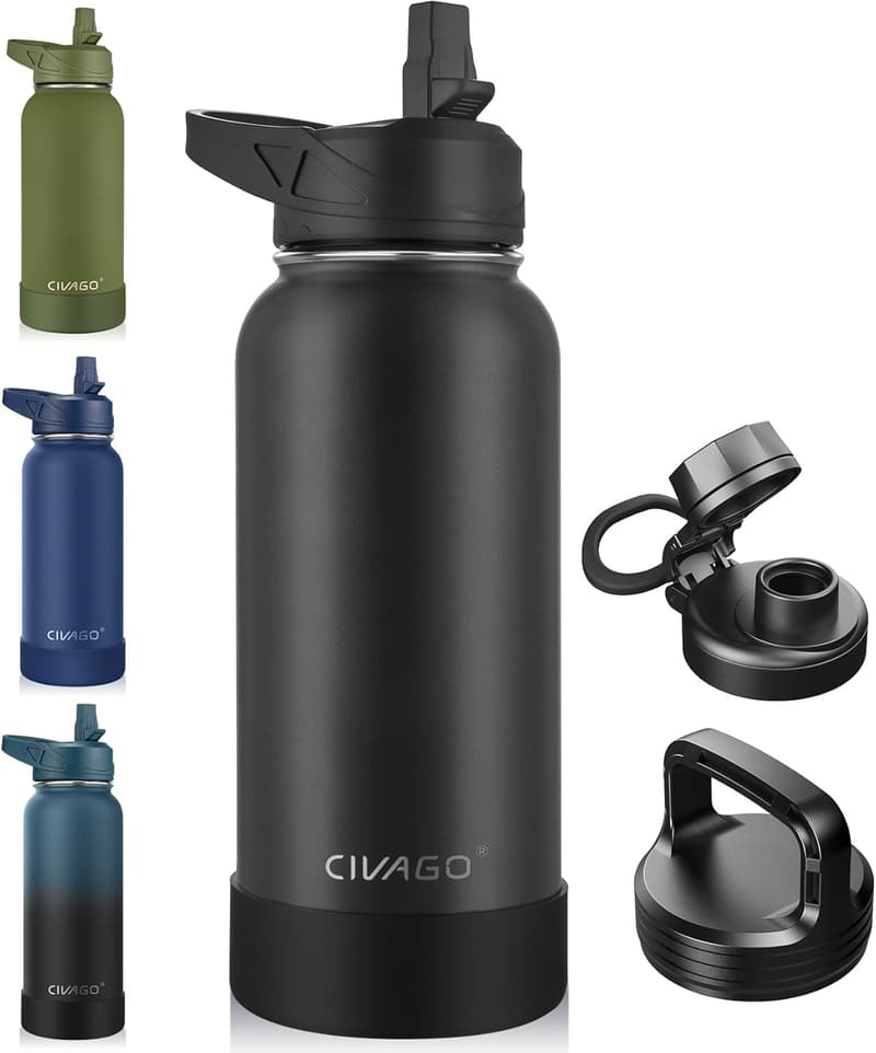 Insulated 32 oz Stainless Steel Water Bottle with Straw & 3 Lids