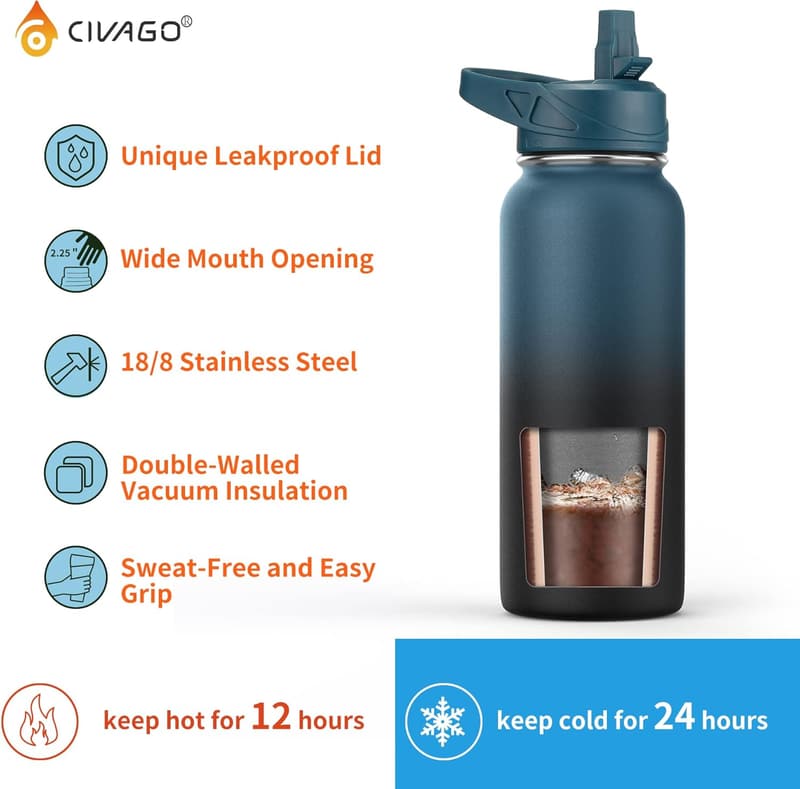 Insulated 32 oz Stainless Steel Water Bottle with Straw & 3 Lids