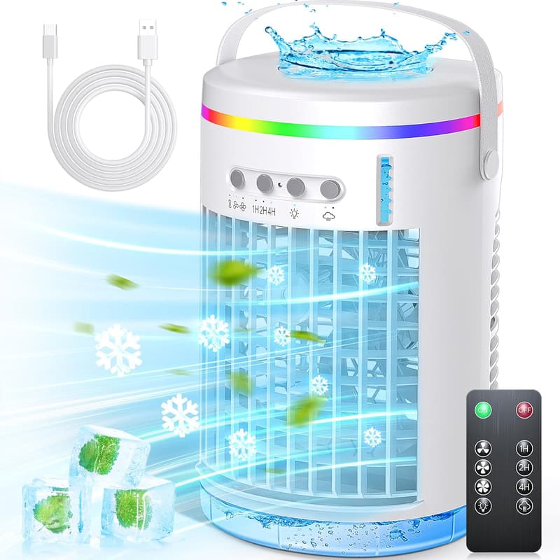 Portable Air Conditioner Fan – Mini, 3 Speeds, 7-Color Light