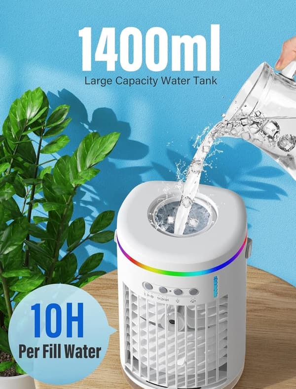 Portable Air Conditioner Fan – Mini, 3 Speeds, 7-Color Light