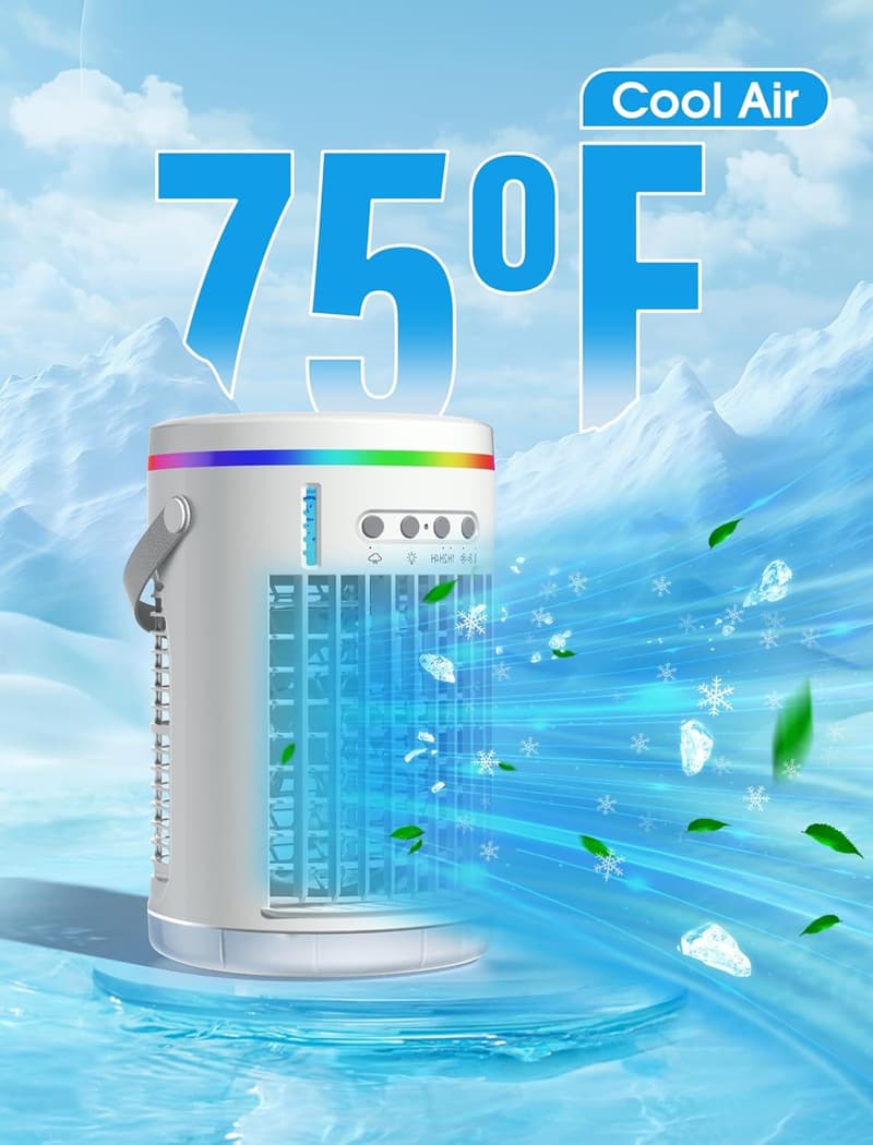 Portable Air Conditioner Fan – Mini, 3 Speeds, 7-Color Light