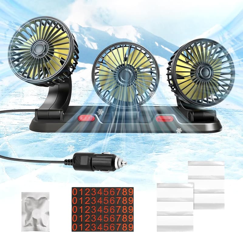 Portable 3-Head Car Fan - 2-Speed, 360° Rotation, Powerful Airflow