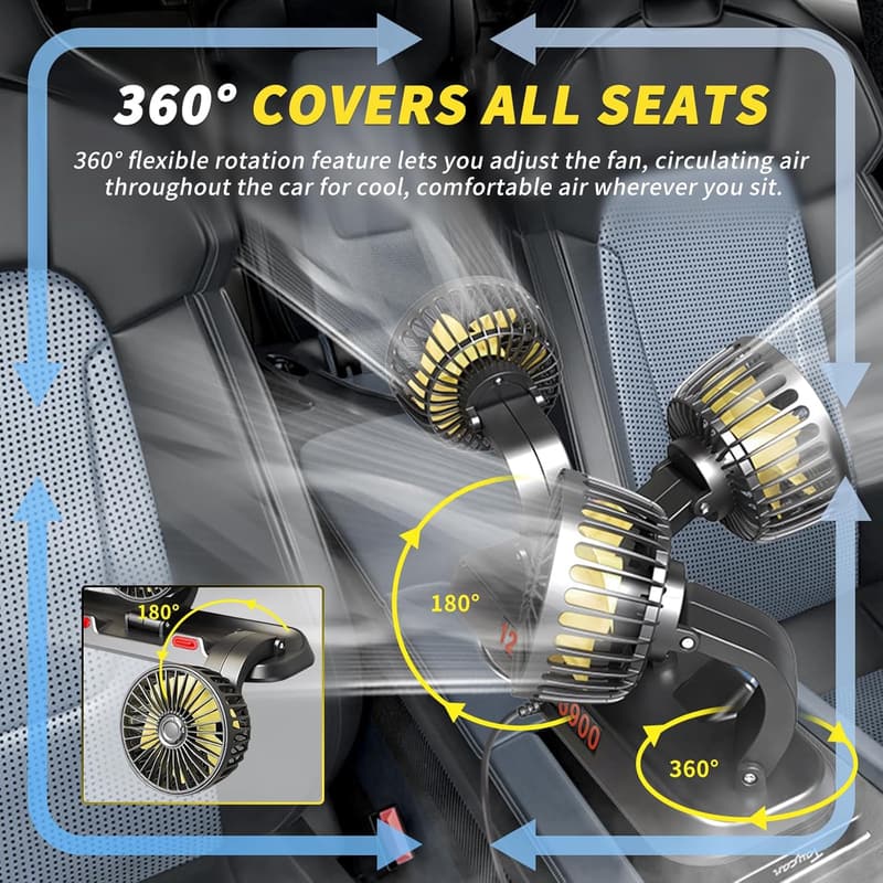Portable 3-Head Car Fan - 2-Speed, 360° Rotation, Powerful Airflow