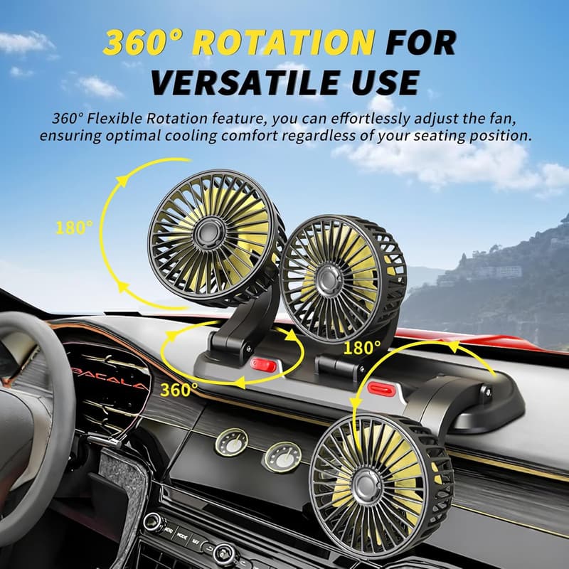 Portable 3-Head Car Fan - 2-Speed, 360° Rotation, Powerful Airflow