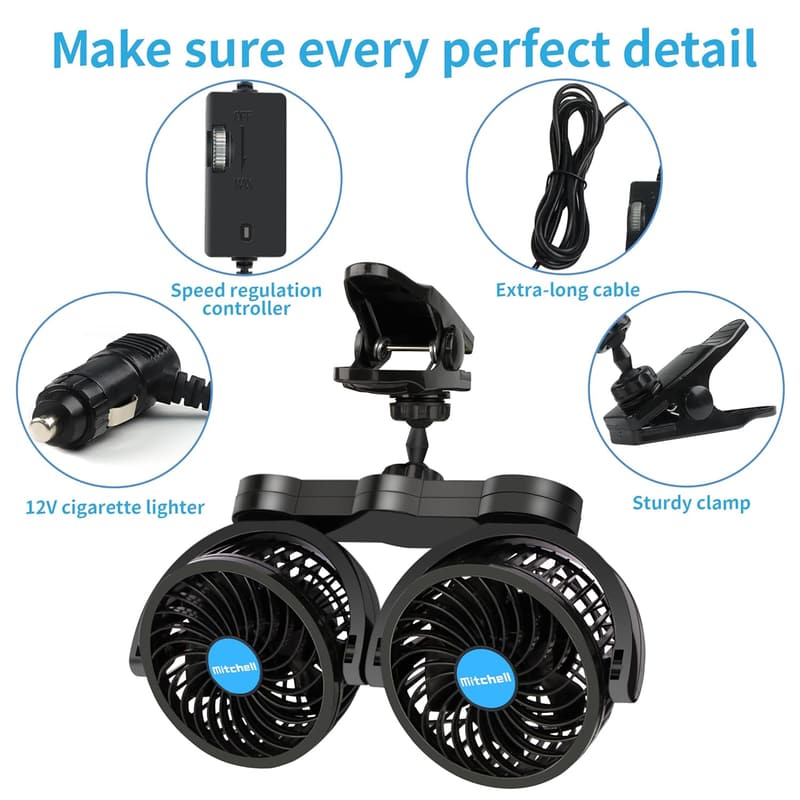 12V Adjustable Dual Head Car Fan with 360° Rotation