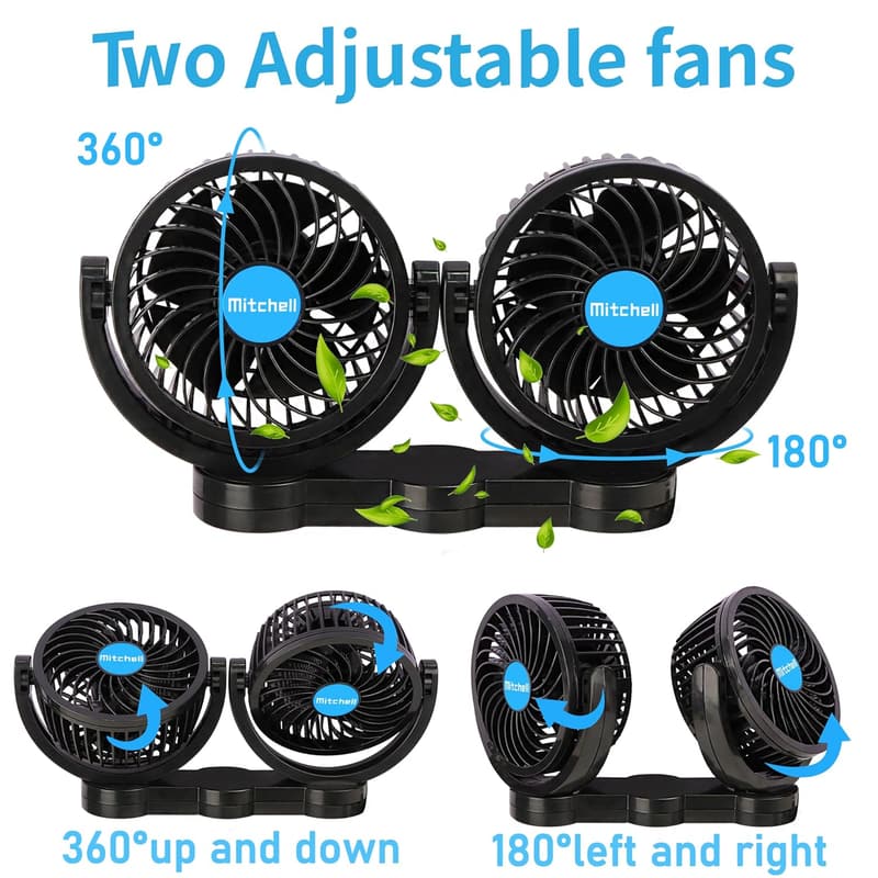 12V Adjustable Dual Head Car Fan with 360° Rotation