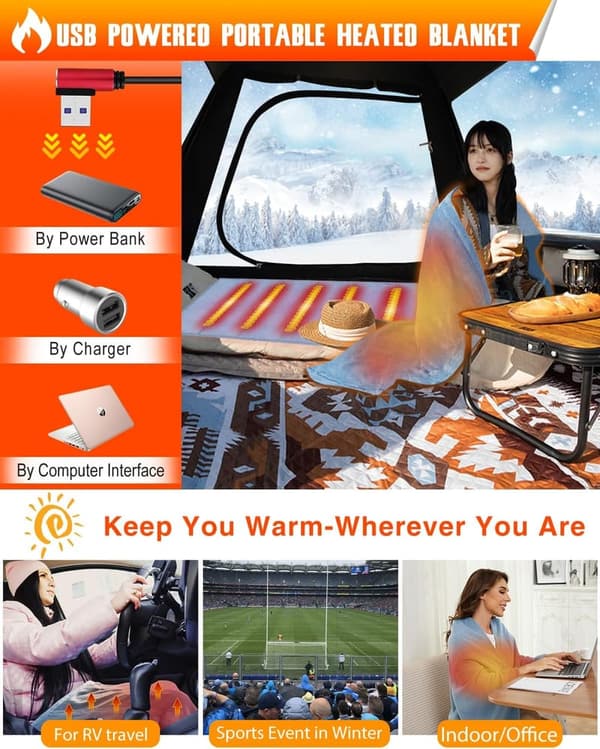 Portable USB Heated Blanket - Cordless Electric Throw for Winter