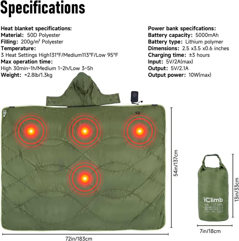 Heated Camping Blanket with Hood & Battery Pack - Green