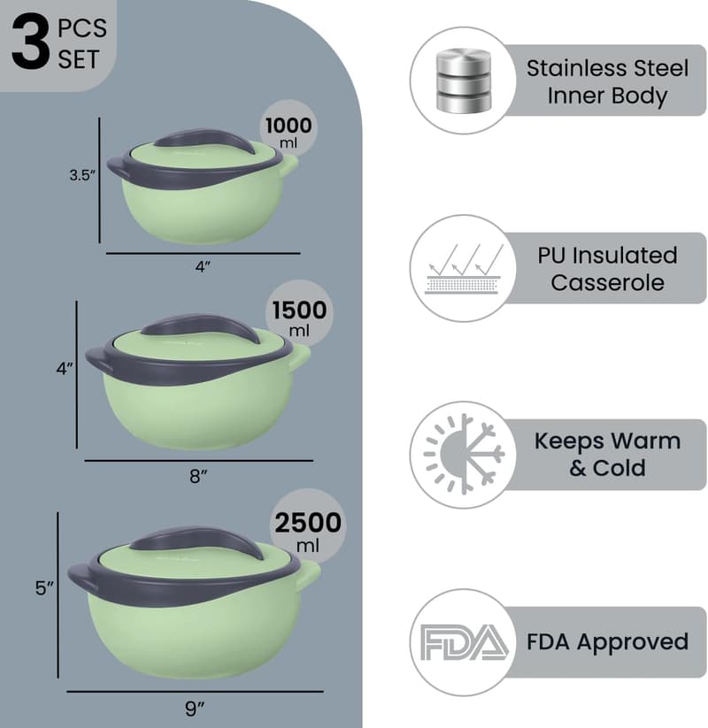 Insulated Stainless Steel Casserole Set - Thermal Food Warmer
