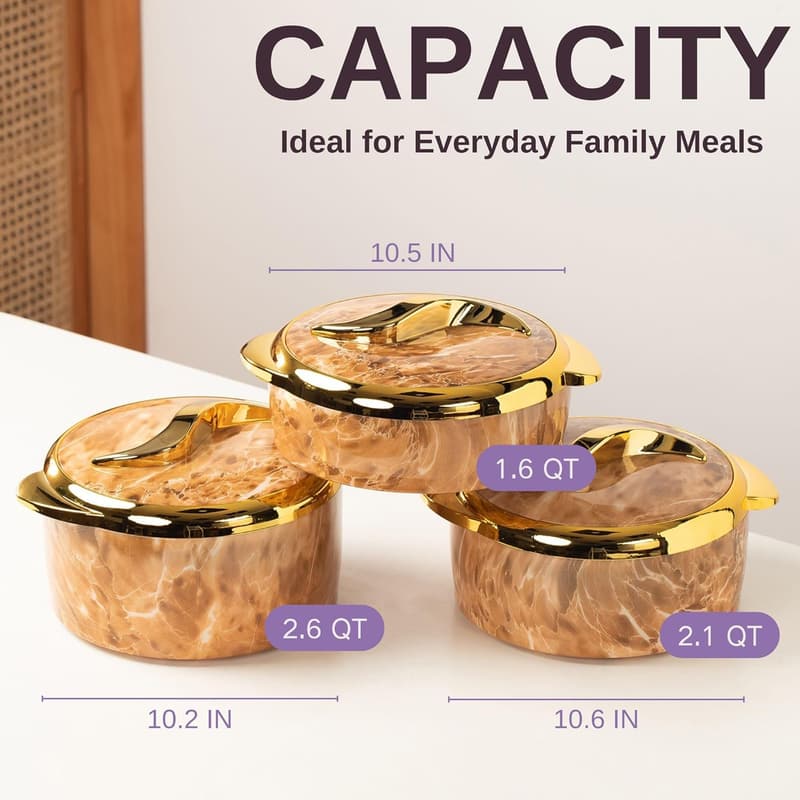 Insulated Thermal Bowl Set - 3 PCS, Keep Food Warm, Marble Bronze