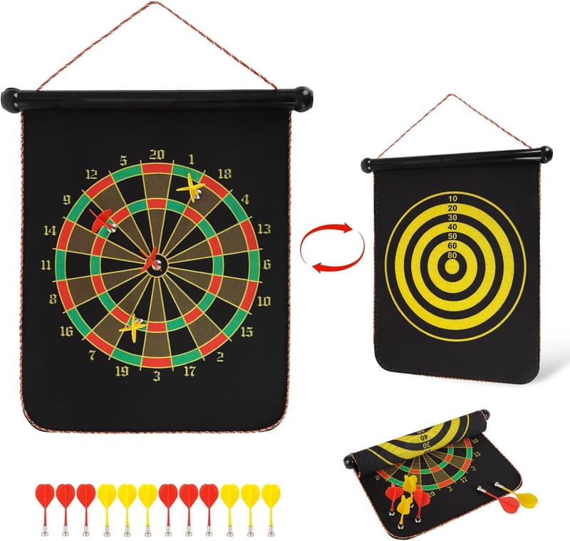 Magnetic Dart Board Set for Teens - Two-Sided, 12 Safe Darts