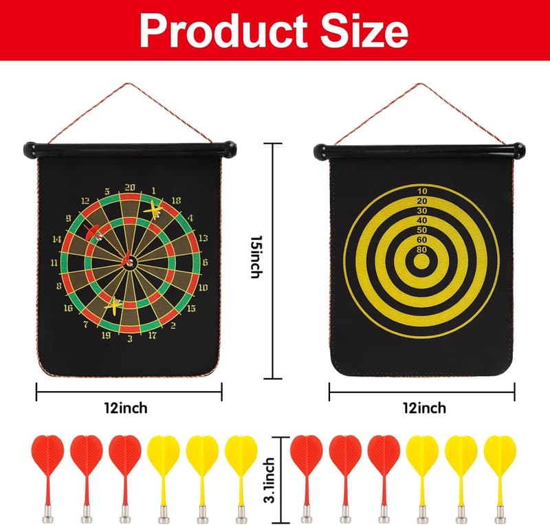 Magnetic Dart Board Set for Teens - Two-Sided, 12 Safe Darts