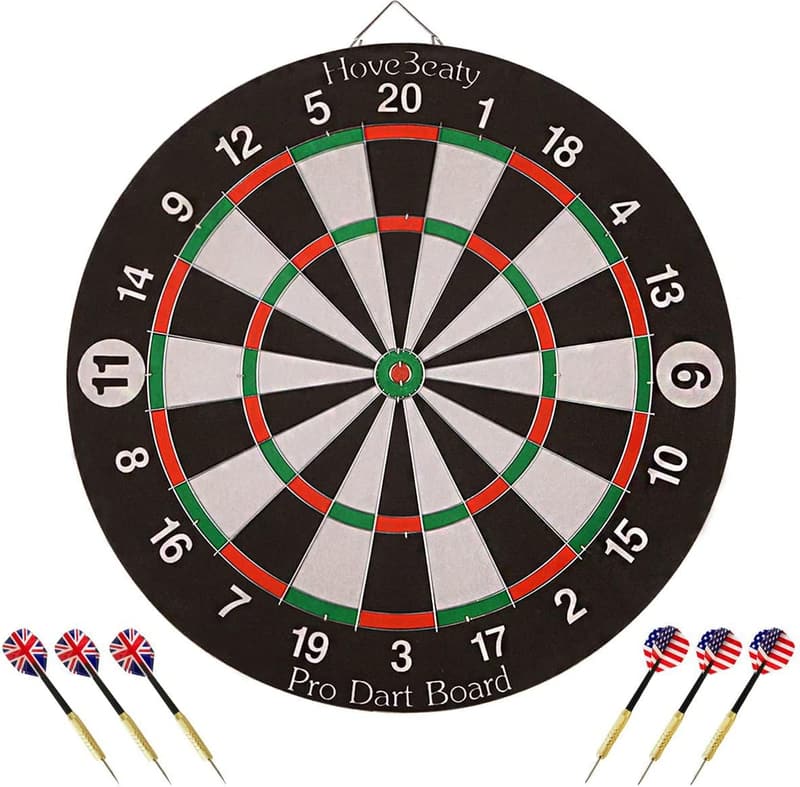 Dart Game Set with Double-Sided Flocking Board and 6 Metal Darts