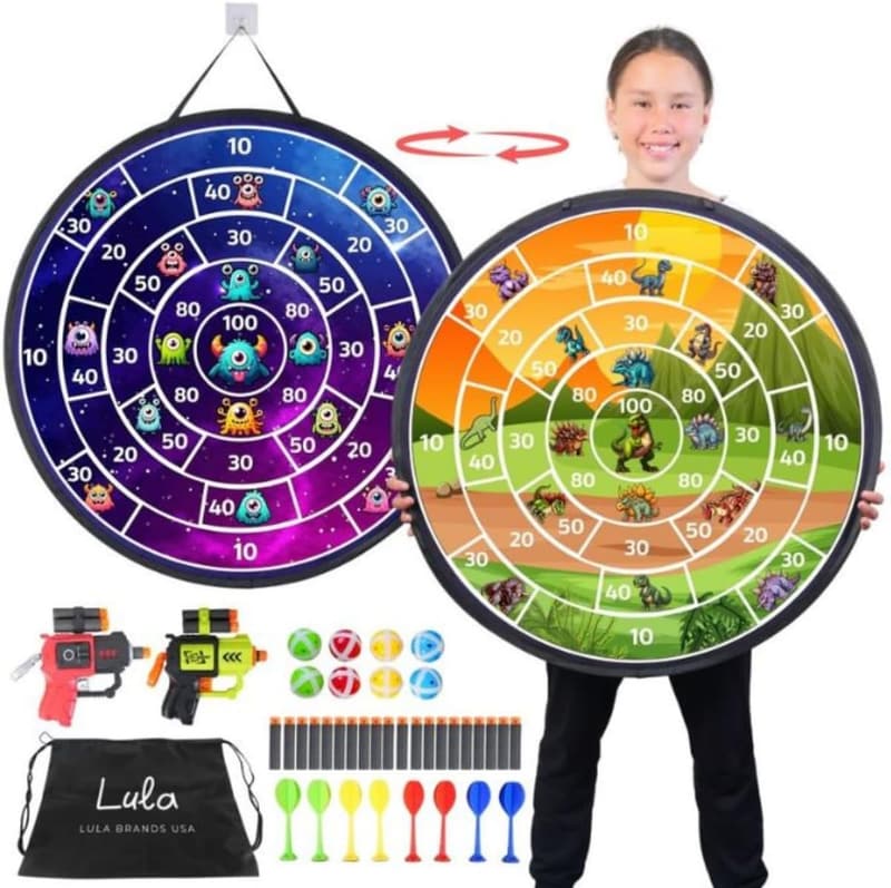 Kids' Double-Sided Dart Board Set with Sticky Darts & Backpack