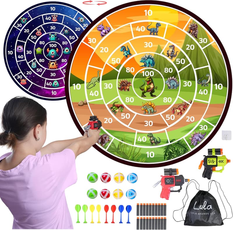 Kids' Double-Sided Dart Board Set with Sticky Darts & Backpack