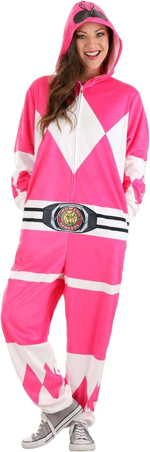 Pink Ranger Hooded Union Suit for Adults - Plush with Pockets