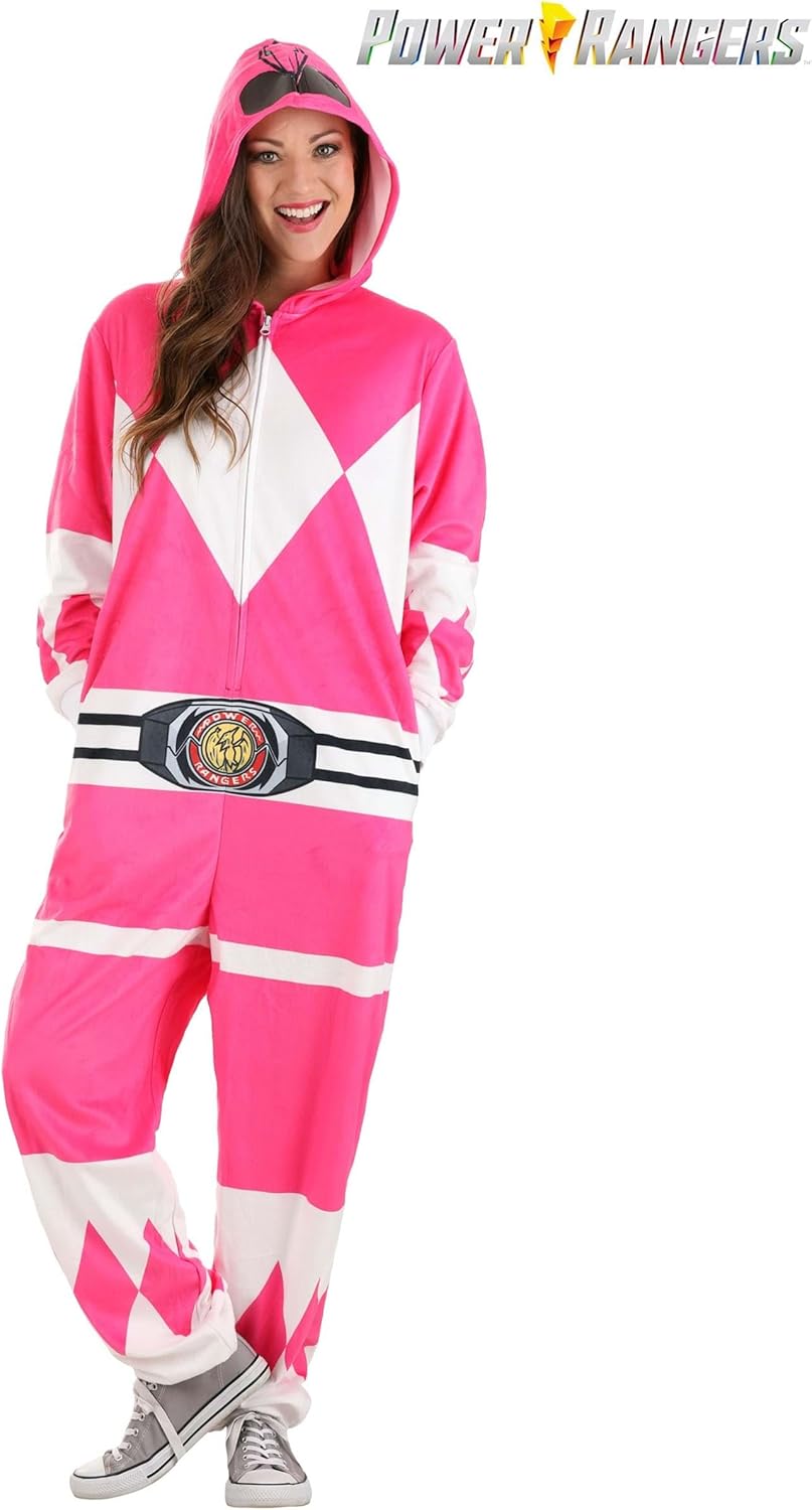 Pink Ranger Hooded Union Suit for Adults - Plush with Pockets