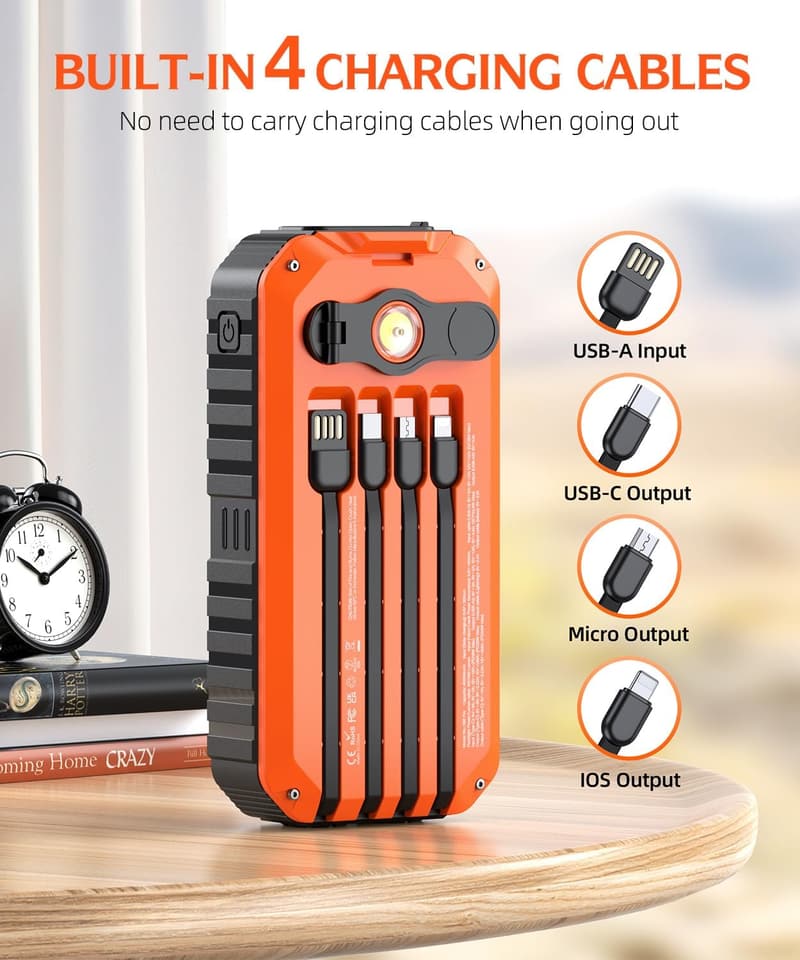 QiSa 40000mAh Solar Power Bank with 4 Cables & Crank