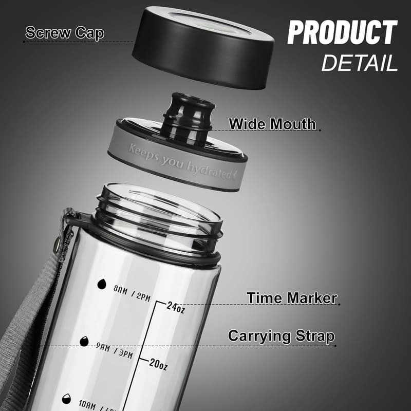 28oz Clear Gym Water Bottle with Time Marker & Strap