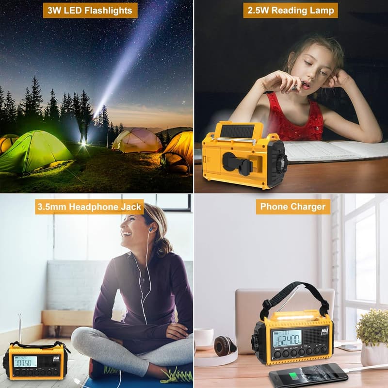 Solar-Powered Emergency Radio with 5000mAh Battery and Flashlight
