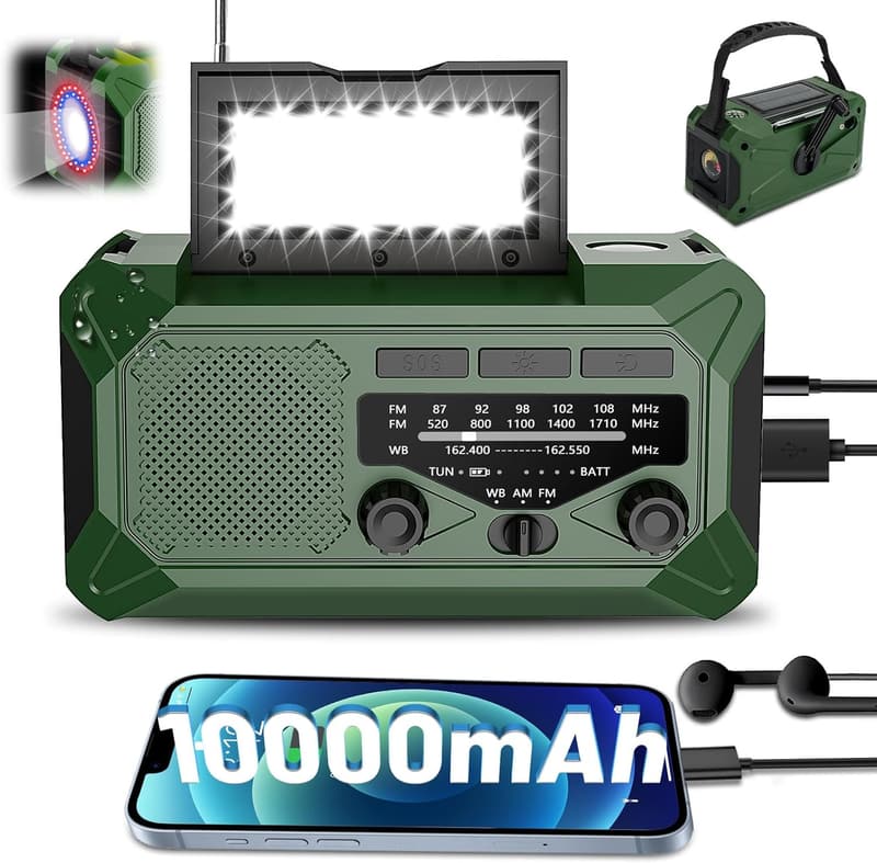 Portable 10000mAh Emergency Hand Crank Radio with Flashlight