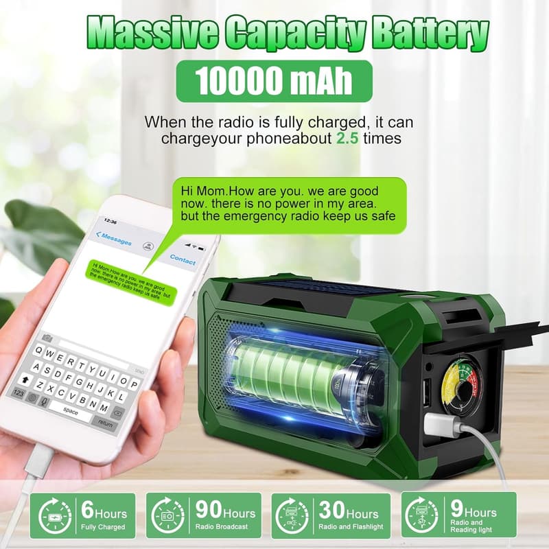 Portable 10000mAh Emergency Hand Crank Radio with Flashlight