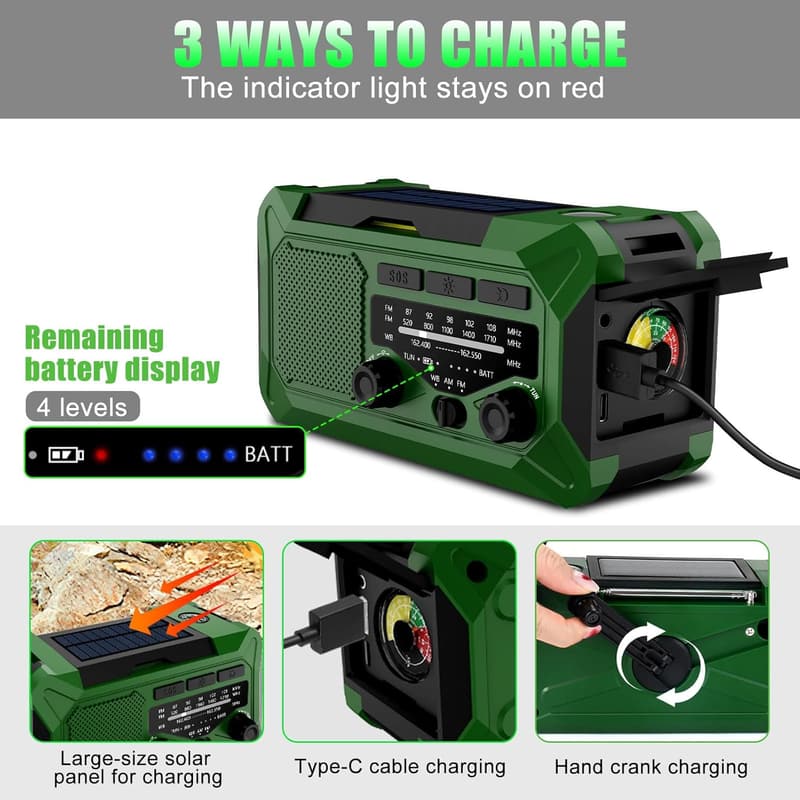 Portable 10000mAh Emergency Hand Crank Radio with Flashlight