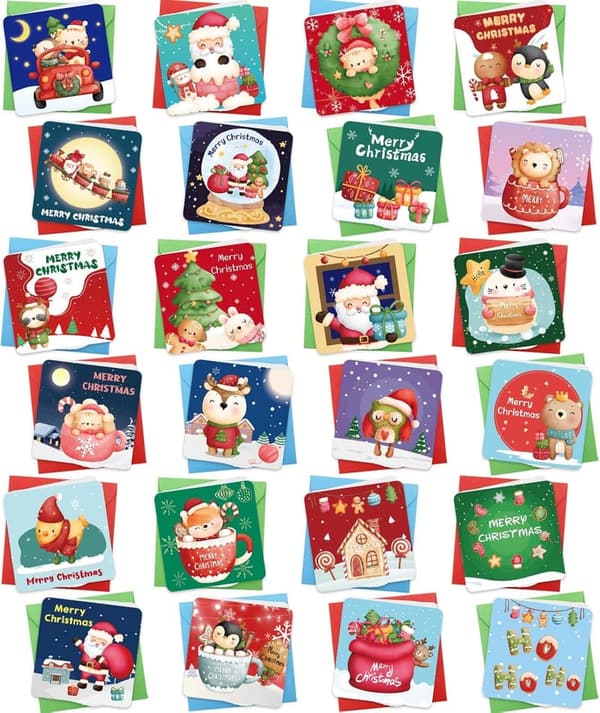 Mini Christmas Cards for Kids - 24PCS with Envelopes & Stickers