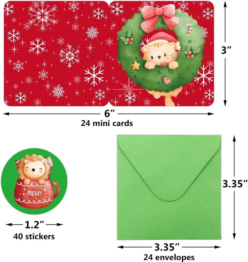 Mini Christmas Cards for Kids - 24PCS with Envelopes & Stickers
