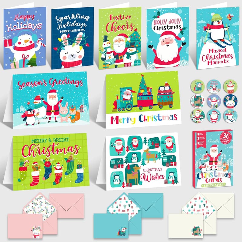 36 Pack Christmas Cards for Children with Envelopes & Stickers