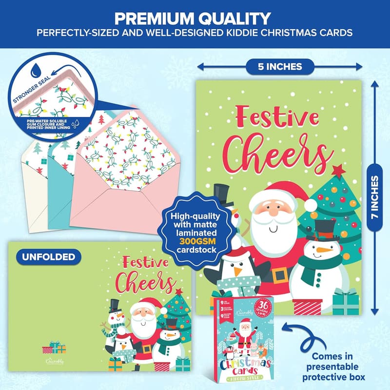36 Pack Christmas Cards for Children with Envelopes & Stickers