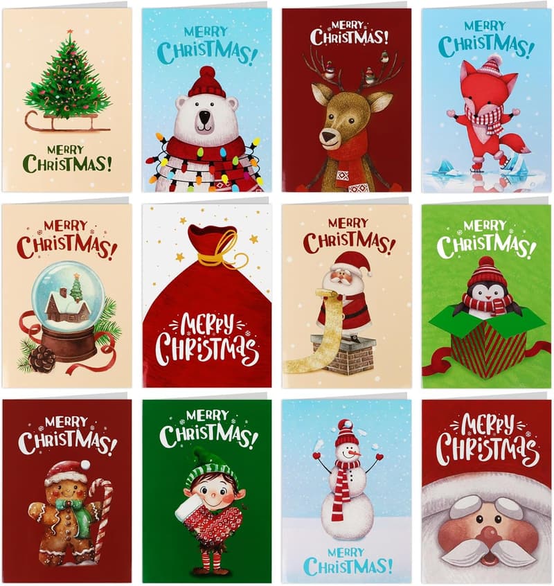 Cute Christmas Cards for Kids - 12pcs Holiday Cartoon Designs