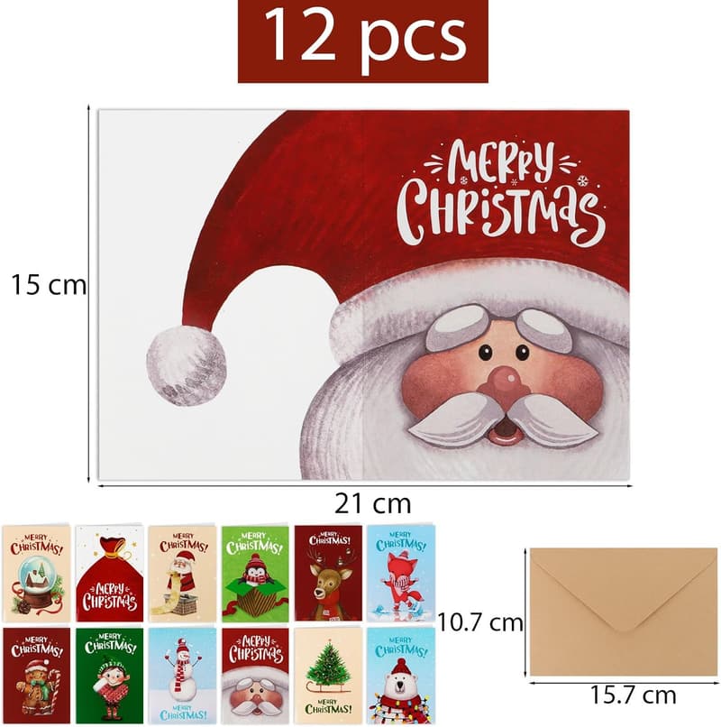 Cute Christmas Cards for Kids - 12pcs Holiday Cartoon Designs