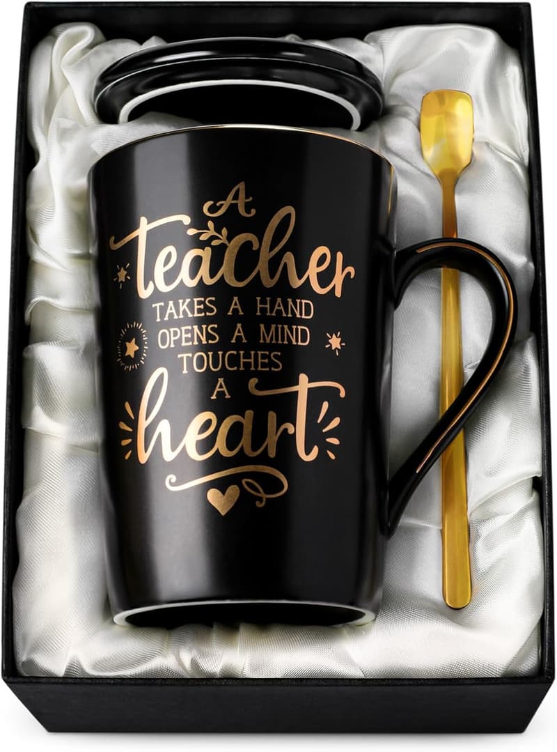 Teacher Appreciation Gift: 14oz Black Ceramic Coffee Mug with Lid
