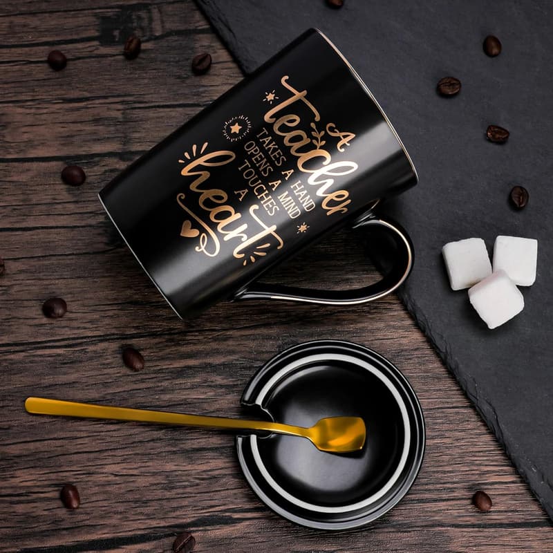 Teacher Appreciation Gift: 14oz Black Ceramic Coffee Mug with Lid