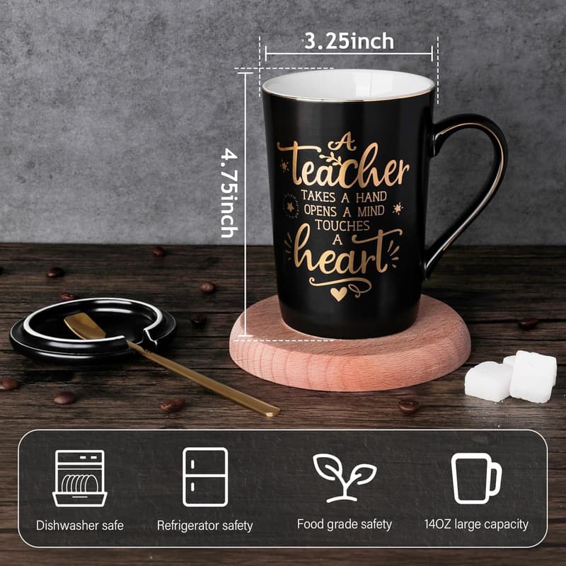 Teacher Appreciation Gift: 14oz Black Ceramic Coffee Mug with Lid