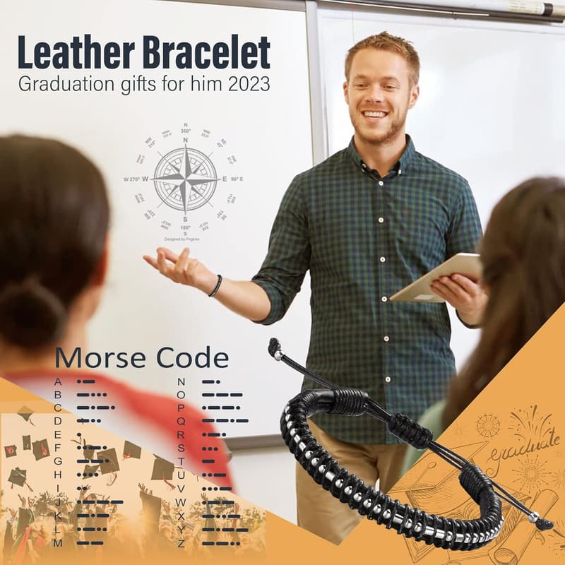 Graduation Gift: Adjustable Leather Morse Code Bracelet for Men
