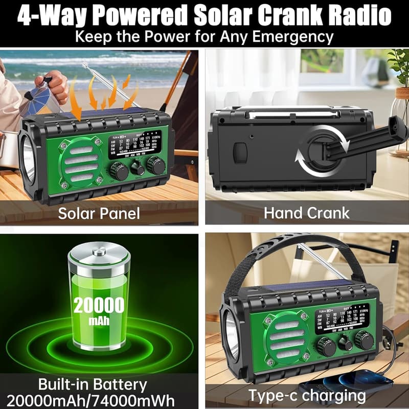 Portable 20,000mAh Solar Weather Radio with SOS & Flashlight