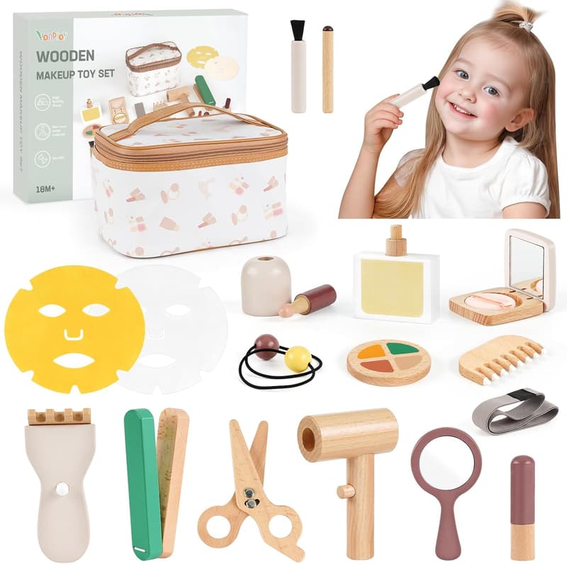 Birthday Makeup Kit - Wooden Pretend Play Set for Girls 2-4