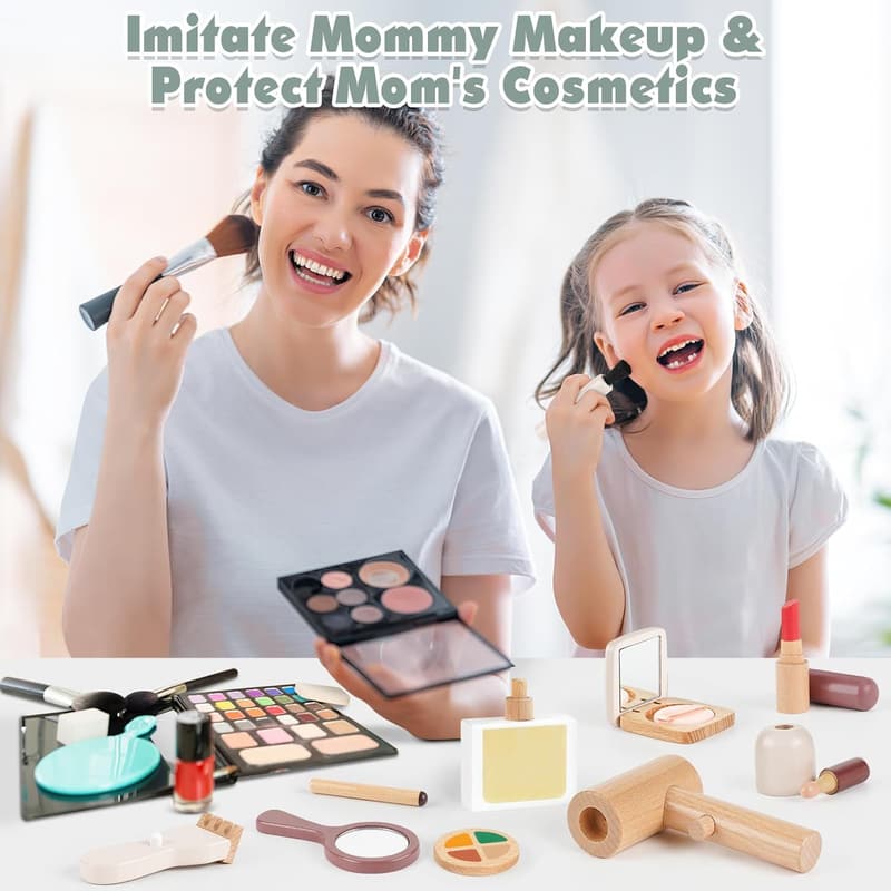 Birthday Makeup Kit - Wooden Pretend Play Set for Girls 2-4