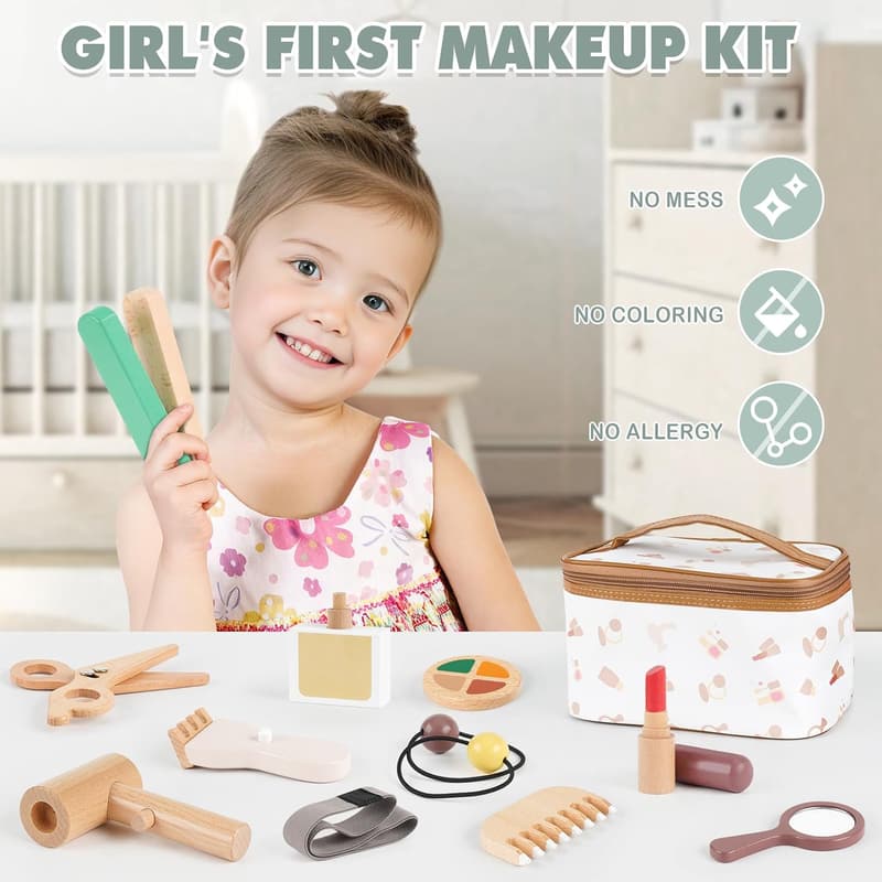 Birthday Makeup Kit - Wooden Pretend Play Set for Girls 2-4