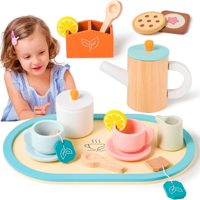 Wooden Tea Set Toy for Toddlers Ages 2-5 - Christmas Gift