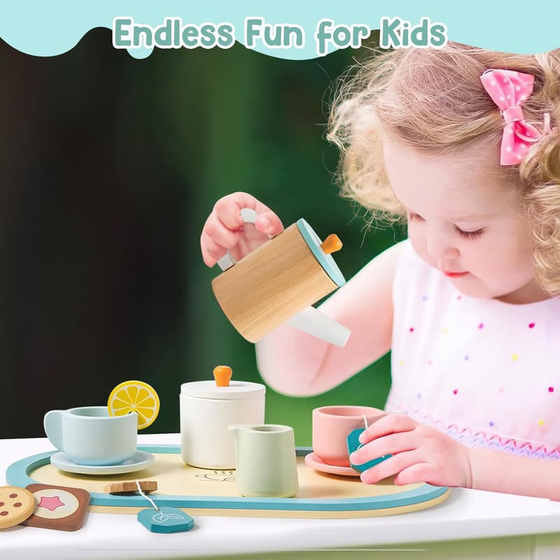 Wooden Tea Set Toy for Toddlers Ages 2-5 - Christmas Gift