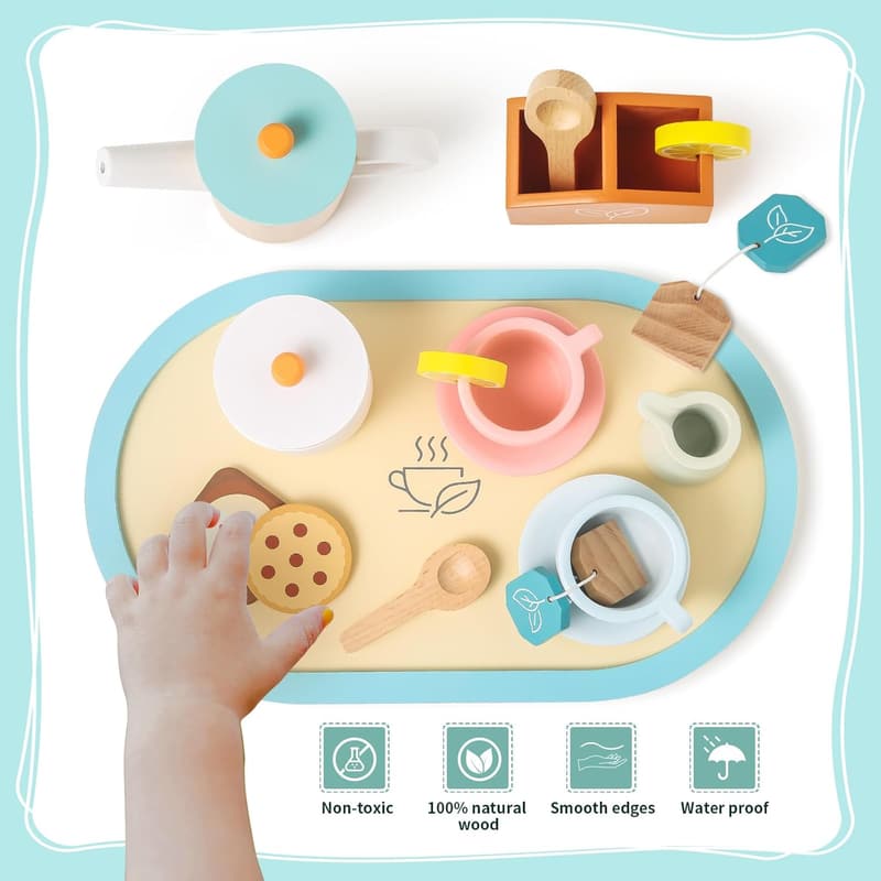 Wooden Tea Set Toy for Toddlers Ages 2-5 - Christmas Gift