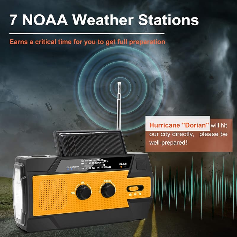 Portable Solar Hand Crank Weather Radio with Flashlight & Phone Charger