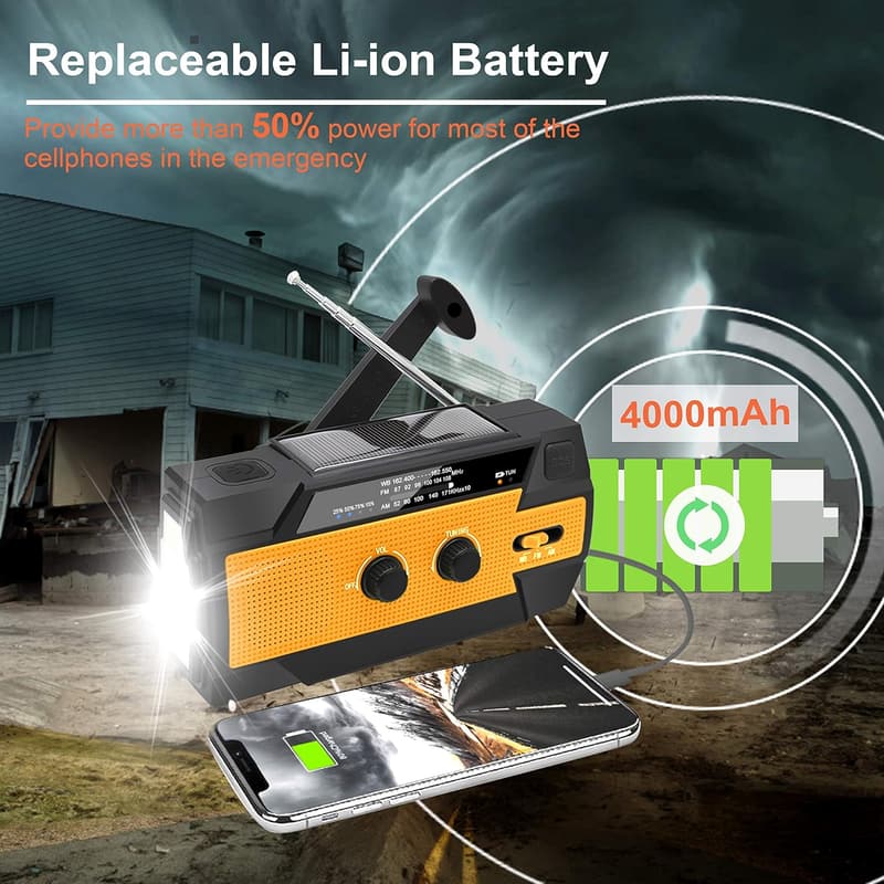Portable Solar Hand Crank Weather Radio with Flashlight & Phone Charger