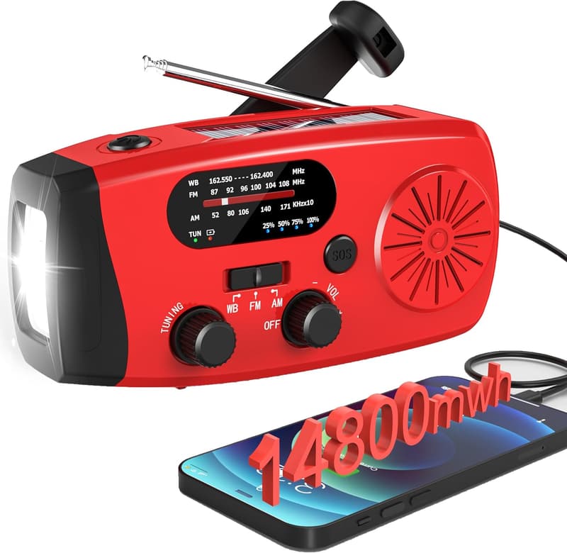 Emergency Radio with Solar, Crank, and SOS Alarm