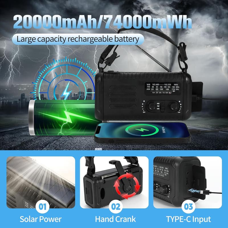 Emergency Crank Radio with USB Charger & Flashlight for Camping